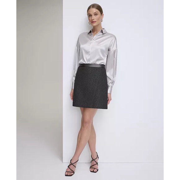 DKNY LUREX TWEED FAUX LEATHER TRIM SKIRT - Picture 5 of 6